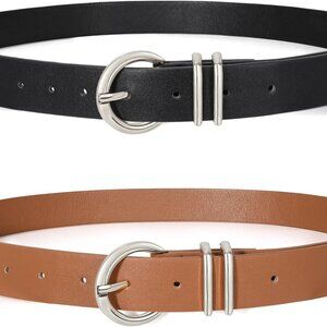 2 Pack Womens Faux Leather Belts with Gold Buckle for Jeans Dress Plus Size